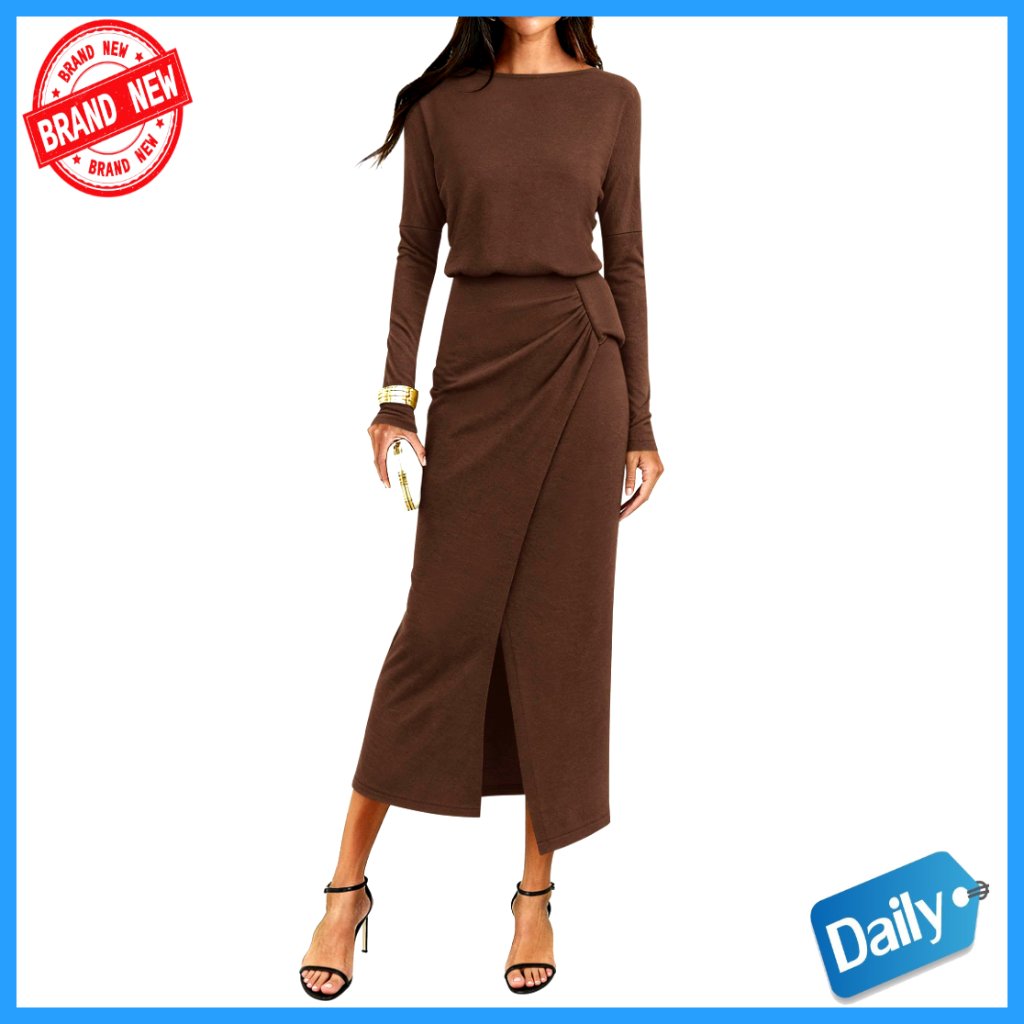 Long Sleeve Maxi Cocktail Dress Wrap Ruched Slimming Wedding Guest
